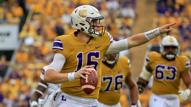 Sep 17, 2016; Baton Rouge, LA, USA; LSU Tigers quarterback Danny Etling (16) looks to throw against the Mississippi State Bulldogs during the first quarter of a game at Tiger Stadium. Photo Credit: Derick E. Hingle-USA TODAY Sports
