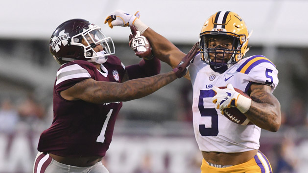 Sep 16, 2017; Starkville, MS, USA; Mississippi State Bulldogs defensive back Brandon Bryant (1) defends LSU Tigers running back Derrius Guice (5) during the second quarter at Davis Wade Stadium. Photo Credit: Matt Bush-USA TODAY Sports
