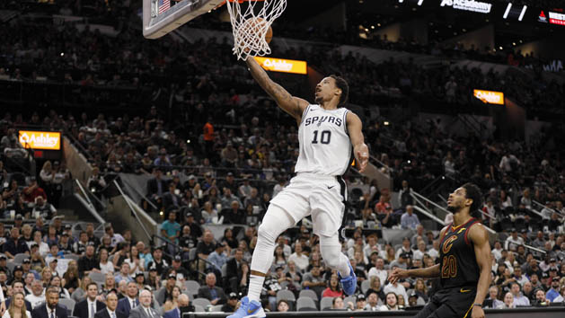 Mar 28, 2019; San Antonio, TX, USA; San Antonio Spurs shooting guard DeMar DeRozan (10) shoots the ball against Cleveland Cavaliers point guard Brandon Knight (20) during the second half at AT&;T Center. Photo Credit: Soobum Im-USA TODAY Sports