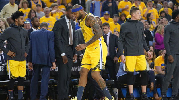 April 15, 2019; Oakland, CA, USA; Golden State Warriors center DeMarcus Cousins (0) walks off the court after an injury against the LA Clippers during the first quarter in game two of the first round of the 2019 NBA Playoffs at Oracle Arena. Photo Credit: Kyle Terada-USA TODAY Sports