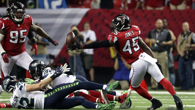 Jan 14, 2017; Atlanta, GA, USA; Atlanta Falcons middle linebacker Deion Jones (45) makes an interception against the Seattle Seahawks during the fourth quarter in the NFC Divisional playoff at Georgia Dome. Atlanta won 36-20. Photo Credit: Jason Getz-USA TODAY Sports