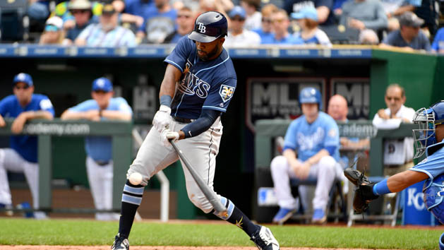May 16, 2018; Kansas City, MO, USA; Tampa Bay Rays left fielder Denard Span (2) connects for a single in the seventh inning against the Kansas City Royals at Kauffman Stadium. Tampa Bay won 5-3. Photo Credit: Denny Medley-USA TODAY Sports