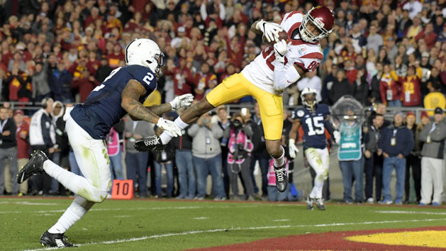 Jan 2, 2017; Pasadena, CA, USA; USC Trojans wide receiver Deontay Burnett (80) catches a pass for a touchdown against Penn State Nittany Lions safety Marcus Allen (2) during the fourth quarter of the 2017 Rose Bowl game at Rose Bowl. Photo Credit: Kirby Lee-USA TODAY Sports