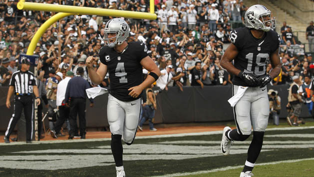 Nov 1, 2015; Oakland, CA, USA; Oakland Raiders quarterback Derek Carr (4) reacts after throwing a touchdown pass against the New York Jets in the third quarter at O.co Coliseum. The Raiders defeated the Jets 34-20. Mandatory Credit: Cary Edmondson-USA TODAY Sports