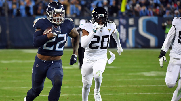Dec 6, 2018; Nashville, TN, USA; Tennessee Titans running back Derrick Henry (22) runs for a touchdown during the second half against the Jacksonville Jaguars at Nissan Stadium. Photo Credit: Christopher Hanewinckel-USA TODAY Sports