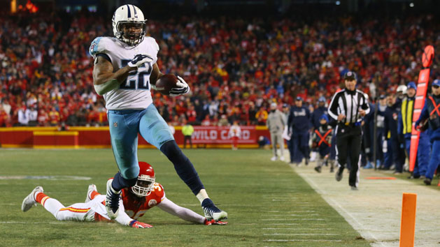 Jan 6, 2018; Kansas City, MO, USA; Tennessee Titans running back Derrick Henry (22) gets past Kansas City Chiefs free safety Ron Parker (38) to score a touchdown in the fourth quarter in the AFC Wild Card playoff football game at Arrowhead Stadium. Photo Credit: Jay Biggerstaff-USA TODAY Sports