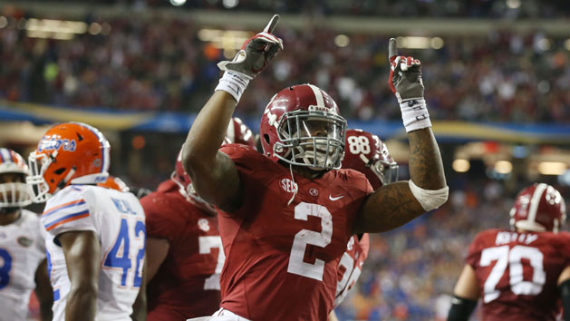 Dec 5, 2015; Atlanta, GA, USA; Alabama Crimson Tide running back Derrick Henry (2) celebrates his 2 yard touchdown run in the second quarter against the Florida Gators in the 2015 SEC Championship Game at the Georgia Dome. Mandatory Credit: Butch Dill-USA TODAY Sports
