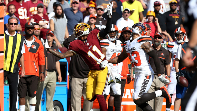 Oct 2, 2016; Landover, MD, USA; Washington Redskins wide receiver DeSean Jackson (11) is held by Cleveland Browns defensive back Joe Haden (23) while attempting to catch a pass in the fourth quarter at FedEx Field. The Redskins won 31-20. Photo Credit: Geoff Burke-USA TODAY Sports