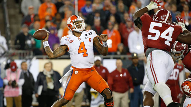 Jan 9, 2017; Tampa, FL, USA; Clemson Tigers quarterback Deshaun Watson (4) throws the ball against the Alabama Crimson Tide in the 2017 College Football Playoff National Championship Game at Raymond James Stadium. Photo Credit: Kim Klement-USA TODAY Sports
