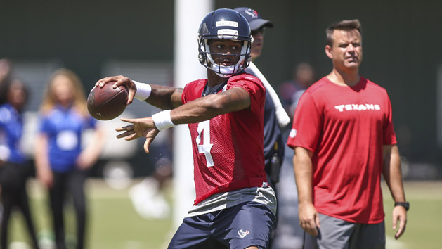 May 23, 2017; Houston, TX, USA; Houston Texans quarterback Deshaun Watson (4) throws the ball during OTA practices at Houston Methodist Training Center. Photo Credit: Troy Taormina-USA TODAY Sports
