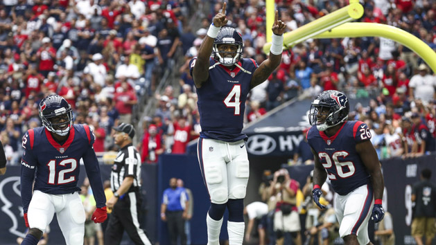 Oct 1, 2017; Houston, TX, USA; Houston Texans quarterback Deshaun Watson (4) celebrates after scoring a touchdown during the second quarter against the Tennessee Titans at NRG Stadium. Photo Credit: Troy Taormina-USA TODAY Sports