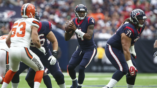 Oct 15, 2017; Houston, TX, USA; Houston Texans quarterback Deshaun Watson (4) looks to pass the football during the first quarter against the Cleveland Browns at NRG Stadium. Photo Credit: Troy Taormina-USA TODAY Sports
