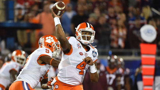 Dec 3, 2016; Orlando, FL, USA; Clemson Tigers quarterback Deshaun Watson (4) attempts a pass against the Virginia Tech Hokies during the first half of the ACC Championship college football game at Camping World Stadium. Photo Credit: Jasen Vinlove-USA TODAY Sports