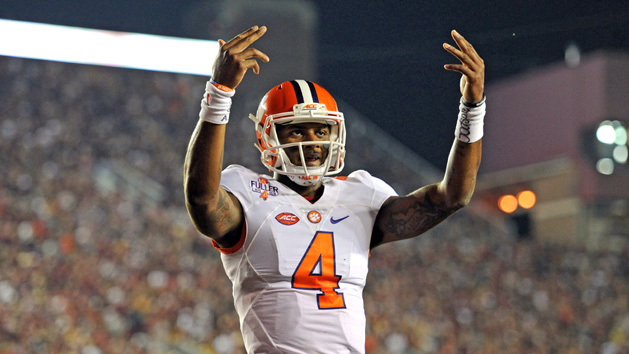 Oct 29, 2016; Tallahassee, FL, USA; Clemson Tigers quarterback Deshaun Watson (4) makes a signal to the crowd after a touchdown during the game against the Florida State Seminoles at Doak Campbell Stadium. Photo Credit: Melina Vastola-USA TODAY Sports