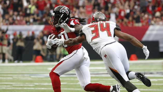 Sep 11, 2016; Atlanta, GA, USA; Atlanta Falcons cornerback Desmond Trufant (21) carries the ball as Tampa Bay Buccaneers running back Charles Sims (34) defends in the first quarter of their game at the Georgia Dome. Photo Credit: Jason Getz-USA TODAY Sports
