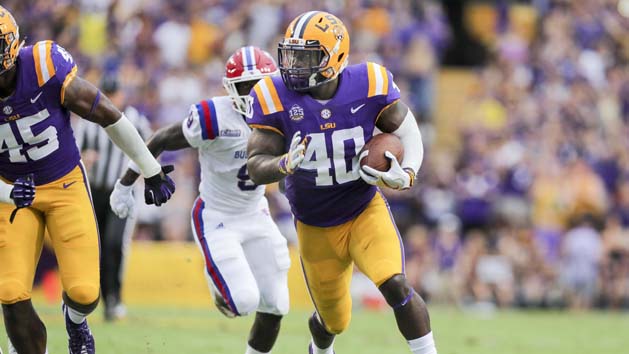 Sep 22, 2018; Baton Rouge, LA, USA; LSU Tigers linebacker Devin White (40) returns a fumble against Louisiana Tech Bulldogs at Tiger Stadium. Photo Credit: Stephen Lew-USA TODAY Sports