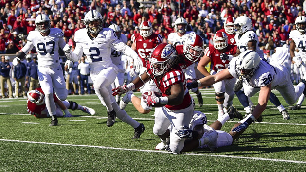 Nov 12, 2016; Bloomington, IN, USA; Indiana Hoosiers running back Devine Redding (34) is tackled by Penn State Nittany Lions cornerback Amani Oruwariye (21) during the first half of the game at Memorial Stadium. Photo Credit: Marc Lebryk-USA TODAY Sports