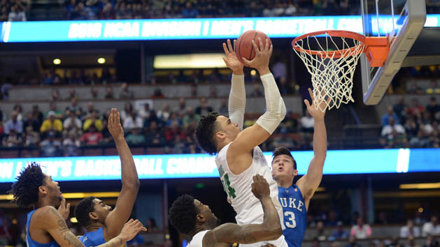 March 24, 2016; Anaheim, CA, USA; Oregon Ducks forward Dillon Brooks (24) moves in to score a basket against Duke Blue Devils during the first half of the semifinal game in the West regional of the NCAA Tournament at Honda Center. Mandatory Credit: Richard Mackson-USA TODAY Sports