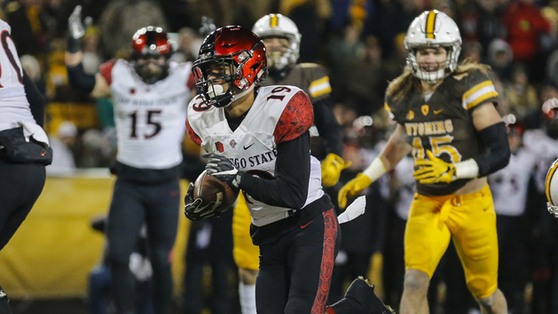 Dec 3, 2016; Laramie, WY, USA; San Diego State Aztecs running back Donnel Pumphrey (19) scores a touchdown against the Wyoming Cowboys during the first quarter at the Mountain West Championship college football game at War Memorial Stadium. Photo Credit: Troy Babbitt-USA TODAY Sports