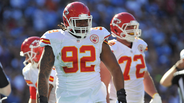 Nov 22, 2015; San Diego, CA, USA; Kansas City Chiefs nose tackle Dontari Poe (92) reacts after scoring a touchdown during the first half of the game against the San Diego Chargers at Qualcomm Stadium. Kansas City won 33-3. Photo Credit: Orlando Ramirez-USA TODAY Sports