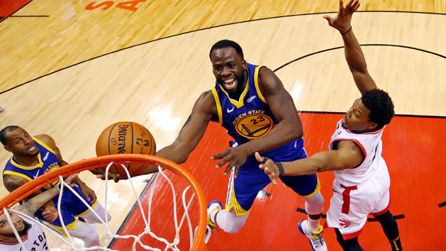 Jun 2, 2019; Toronto, Ontario, CAN; Golden State Warriors forward Draymond Green (23) shoots the ball against Toronto Raptors guard Kyle Lowry (7) in game two of the 2019 NBA Finals at Scotiabank Arena. Photo Credit: Kyle Terada-USA TODAY Sports