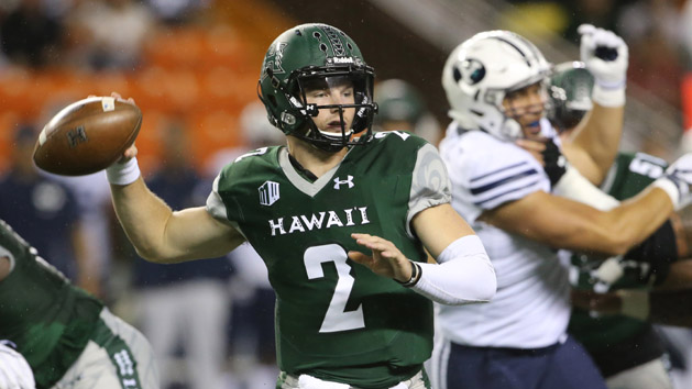 Nov 25, 2017; Honolulu, HI, USA; Hawaii Warriors quarterback Dru Brown (2) throws a pass against the Brigham Young Cougars during the third quarter at Aloha Stadium. Photo Credit: Marco Garcia-USA TODAY Sports