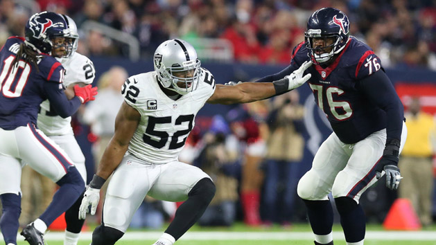 Jan 7, 2017; Houston, TX, USA; Oakland Raiders defensive end Khalil Mack (52) rushes the passer against Houston Texans tackle Duane Brown (76) in the AFC Wild Card playoff football game at NRG Stadium. Photo Credit: Matthew Emmons-USA TODAY Sports