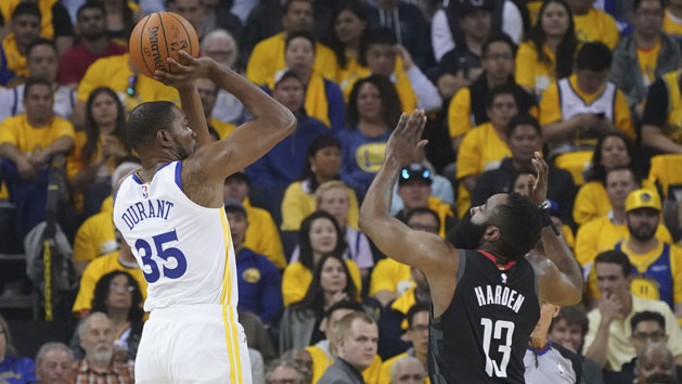 May 8, 2019; Oakland, CA, USA; Golden State Warriors forward Kevin Durant (35) shoots the basketball against Houston Rockets guard James Harden (13) during the first quarter in game five of the second round of the 2019 NBA Playoffs at Oracle Arena. Photo Credit: Kyle Terada-USA TODAY Sports
