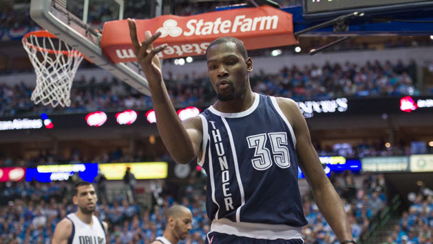 Apr 21, 2016; Dallas, TX, USA; Oklahoma City Thunder forward Kevin Durant (35) celebrates making a basket against the Dallas Mavericks during the second half in game three of the first round of the NBA Playoffs at American Airlines Center. The Thunder defeated the Mavericks 131-102. Mandatory Credit: Jerome Miron-USA TODAY Sports