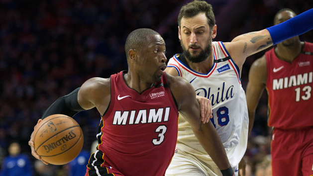 Apr 16, 2018; Philadelphia, PA, USA; Miami Heat guard Dwyane Wade (3) drives against Philadelphia 76ers guard Marco Belinelli (18) during the second quarter in game two of the first round of the 2018 NBA Playoffs at Wells Fargo Center. Photo Credit: Bill Streicher-USA TODAY Sports