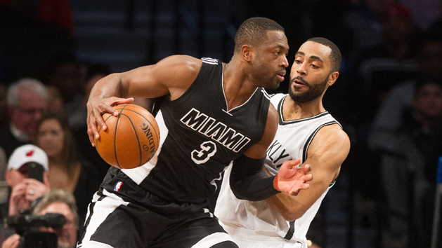 Dec 16, 2015; Brooklyn, NY, USA;Brooklyn Nets guard Wayne Ellington (21) defends against Miami Heat guard Dwyane Wade (3) in the second half at Barclays Center. Miami won 104-98. Mandatory Credit: William Hauser-USA TODAY Sports