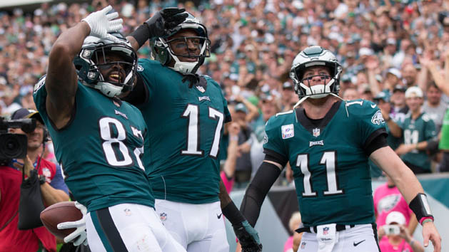 Oct 8, 2017; Philadelphia, PA, USA; Philadelphia Eagles wide receiver Torrey Smith (82) reacts with quarterback Carson Wentz (11) and wide receiver Alshon Jeffery (17) after his touchdown against the Arizona Cardinals during the second quarter at Lincoln Financial Field. Photo Credit: Bill Streicher-USA TODAY Sports