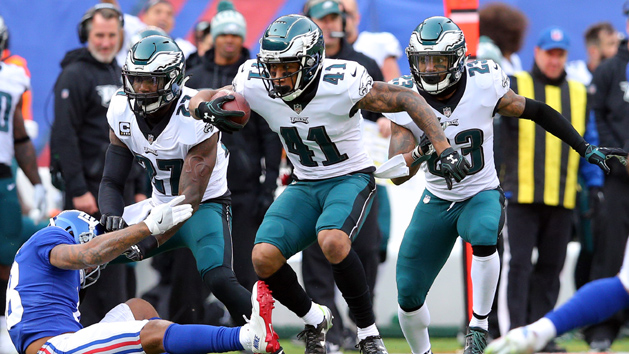 Dec 17, 2017; East Rutherford, NJ, USA; Philadelphia Eagles corner back Ronald Darby (41) runs back an interception against New York Giants wide receiver Roger Lewis (18) during the second quarter at MetLife Stadium. Photo Credit: Brad Penner-USA TODAY Sports