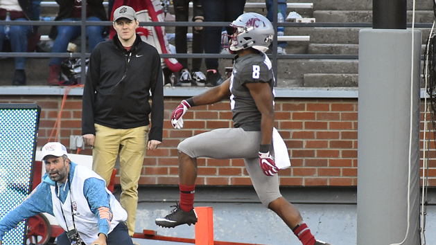 Sep 29, 2018; Pullman, WA, USA; Washington State Cougars wide receiver Easop Winston (8) celebrates a touchdown against the Utah Utes in the 2nd half at Martin Stadium. The Cougar won 28-24. Photo Credit: James Snook-USA TODAY Sports