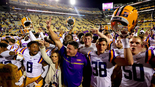 Oct 22, 2016; Baton Rouge, LA, USA; LSU Tigers head coach Ed Orgeron celebrates with his team following a win against the Mississippi Rebels in a game at Tiger Stadium. LSU defeated Mississippi 38-21. Photo Credit: Derick E. Hingle-USA TODAY Sports