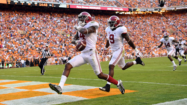 Oct 15, 2016; Knoxville, TN, USA; Alabama Crimson Tide defensive back Eddie Jackson (4) returns a 79yd punt for a touchdown against the Tennessee Volunteers during the fourth quarter at Neyland Stadium. Photo Credit: John David Mercer-USA TODAY Sports