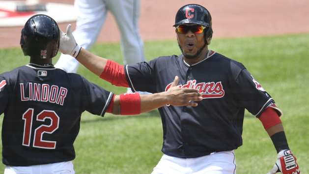 May 2, 2018; Cleveland, OH, USA; Cleveland Indians designated hitter Edwin Encarnacion (10) celebrates his two-run home run in the second inning against the Texas Rangersbat Progressive Field. Photo Credit: David Richard-USA TODAY Sports