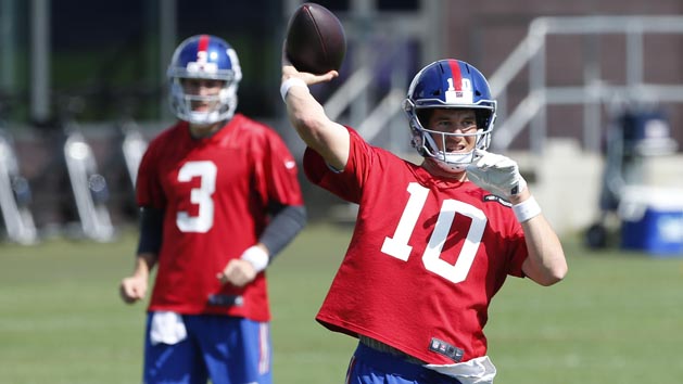 May 21, 2018; East Rutherford, NJ, USA; New York Giants quarterback Eli Manning (10) throws the ball during organized team activities at Quest Diagnostic Training Center. Photo Credit: Noah K. Murray-USA TODAY Sports