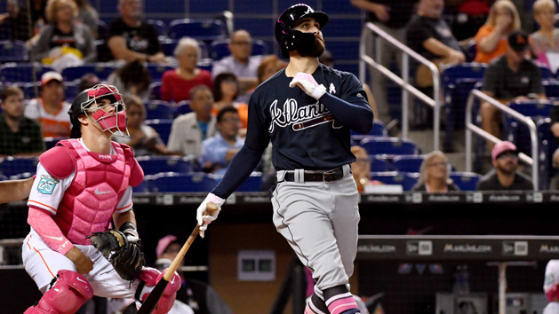 May 13, 2018; Miami, FL, USA; Atlanta Braves center fielder Ender Inciarte (11) connects for a two run homer in the sixth inning against the Miami Marlins at Marlins Park. Photo Credit: Steve Mitchell-USA TODAY Sports