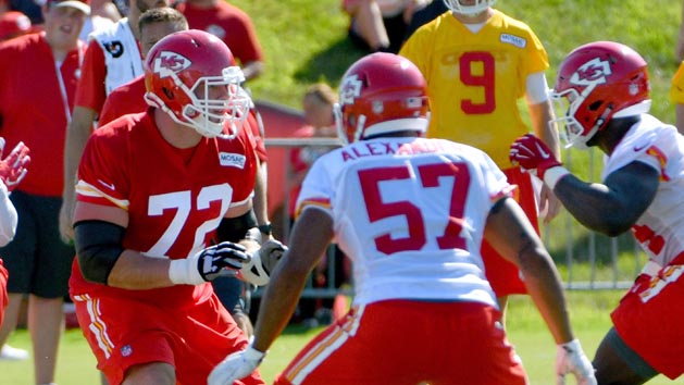 Jul 30, 2016; St. Joseph, MO, USA; Kansas City Chiefs tackle Eric Fisher (72) blocks linebacker D.J. Alexander (57) during Kansas City Chiefs training camp presented by Mosaic Life Care at Missouri Western State University. Photo Credit: Denny Medley-USA TODAY Sports