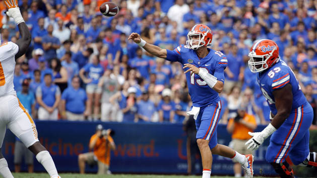 Sep 16, 2017; Gainesville, FL, USA; Florida Gators quarterback Feleipe Franks (13) throws the ball against the Tennessee Volunteers during the first quarter at Ben Hill Griffin Stadium. Photo Credit: Kim Klement-USA TODAY Sports