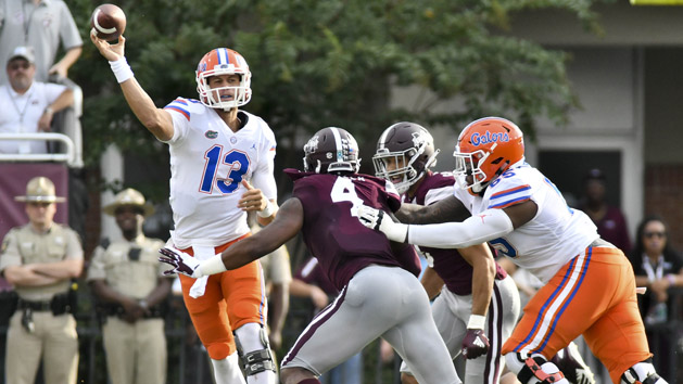 Sep 29, 2018; Starkville, MS, USA; Florida Gators quarterback Feleipe Franks (13) makes a pass against the Mississippi State Bulldogs during the first quarter at Davis Wade Stadium. Photo Credit: Matt Bush-USA TODAY Sports