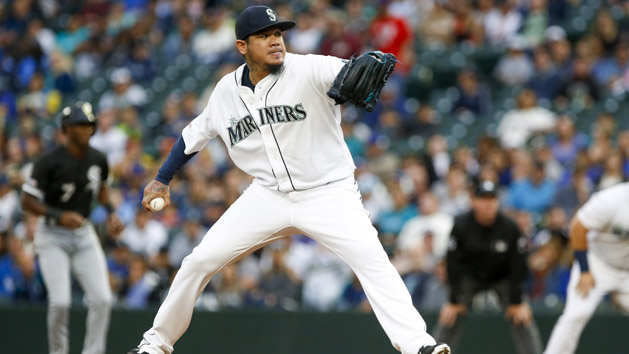 Jul 9, 2017; Seattle, WA, USA; Seattle Mariners starting pitcher Felix Hernandez (34) throws against the Oakland Athletics during the third inning at Safeco Field. Photo Credit: Joe Nicholson-USA TODAY Sports