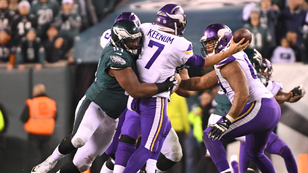Jan 21, 2018; Philadelphia, PA, USA; Philadelphia Eagles defensive tackle Fletcher Cox (91) pressures Minnesota Vikings quarterback Case Keenum (7) during the fourth quarter in the NFC Championship game at Lincoln Financial Field. Photo Credit: Eric Hartline-USA TODAY Sports