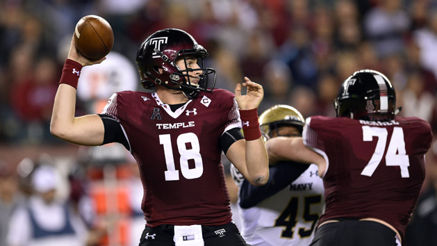 Nov 2, 2017; Philadelphia, PA, USA; Temple Owls quarterback Frank Nutile (18) throws the ball during the third quarter against the Navy Midshipmen at Lincoln Financial Field. Photo Credit: Derik Hamilton-USA TODAY Sports