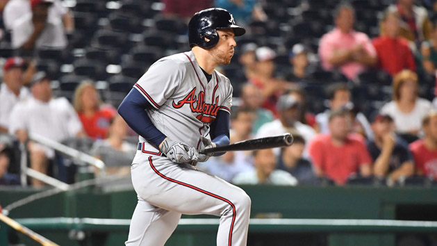 Jul 6, 2017; Washington, DC, USA; Atlanta Braves first baseman Freddie Freeman (5) hits an RBI double against the Washington Nationals during the third inning at Nationals Park. Photo Credit: Brad Mills-USA TODAY Sports