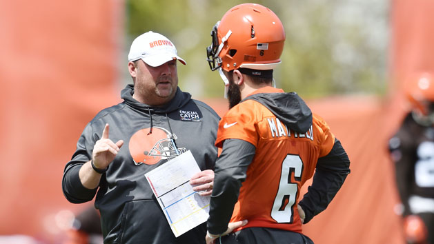 May 15, 2019; Berea, OH, USA; Cleveland Browns head coach Freddie Kitchens talks with quarterback Baker Mayfield (6) during organized team activities at the Cleveland Browns training facility. Photo Credit: Ken Blaze-USA TODAY Sports