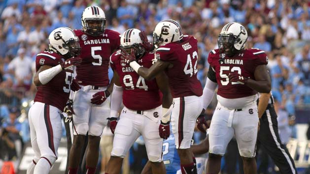 Sep 3, 2015; Charlotte, NC, USA; South Carolina Gamecocks defensive tackle Kelsey Griffin (94) celebrates with teammates during the second quarter against the North Carolina Tar Heels at Bank of America Stadium. Mandatory Credit: Joshua S. Kelly-USA TODAY Sports