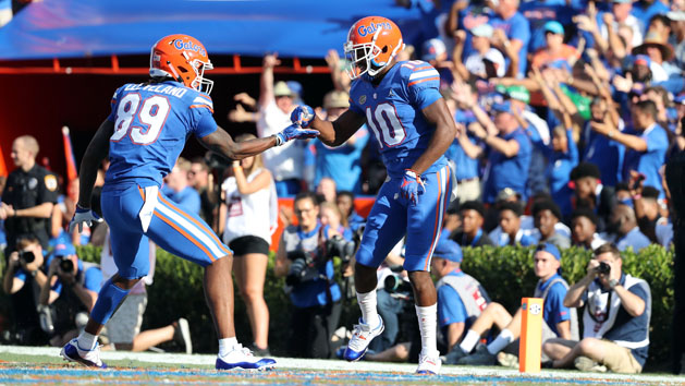 Oct 6, 2018; Gainesville, FL, USA; Florida Gators wide receiver Josh Hammond (10) celebrates with wide receiver Tyrie Cleveland (89) against the LSU Tigers during the second quarter at Ben Hill Griffin Stadium. Photo Credit: Kim Klement-USA TODAY Sports