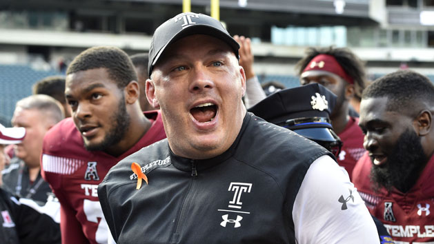 Oct 20, 2018; Philadelphia, PA, USA; Temple Owls head coach Geoff Collins celebrates after a victory in overtime against the Cincinnati Bearcats at Lincoln Financial Field. Photo Credit: Derik Hamilton-USA TODAY Sports